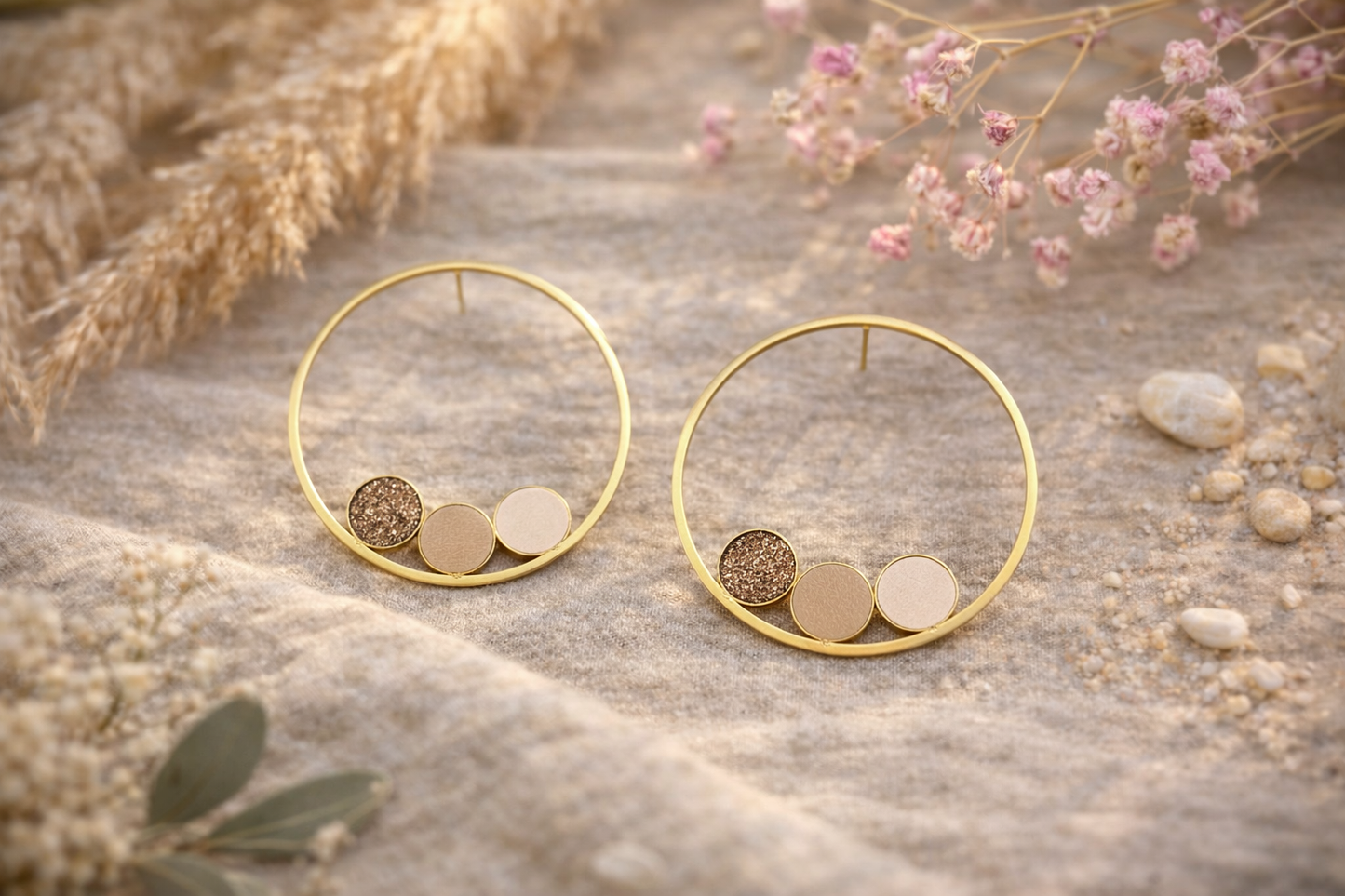 Modèle Anouka - Boucles d'oreilles anneau & cuir - Bohème chic